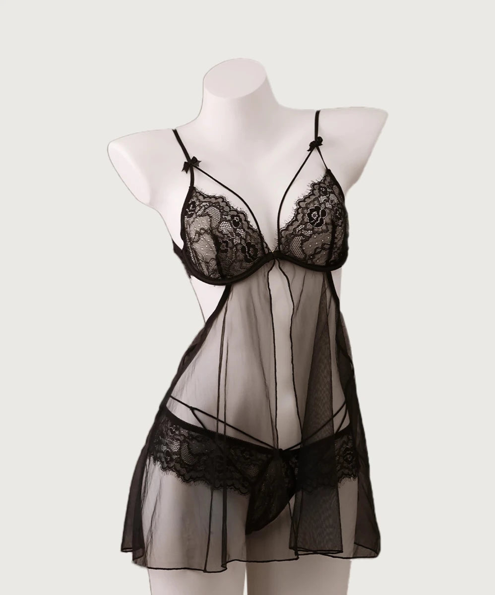 Front - Clasp Lace Mesh Nightdress Set - Jissbon