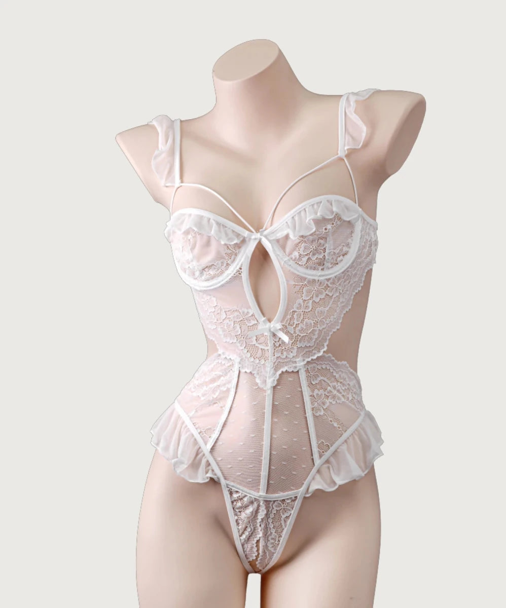 Sheer White Lace Open - Crotch Bodysuit - Jissbon