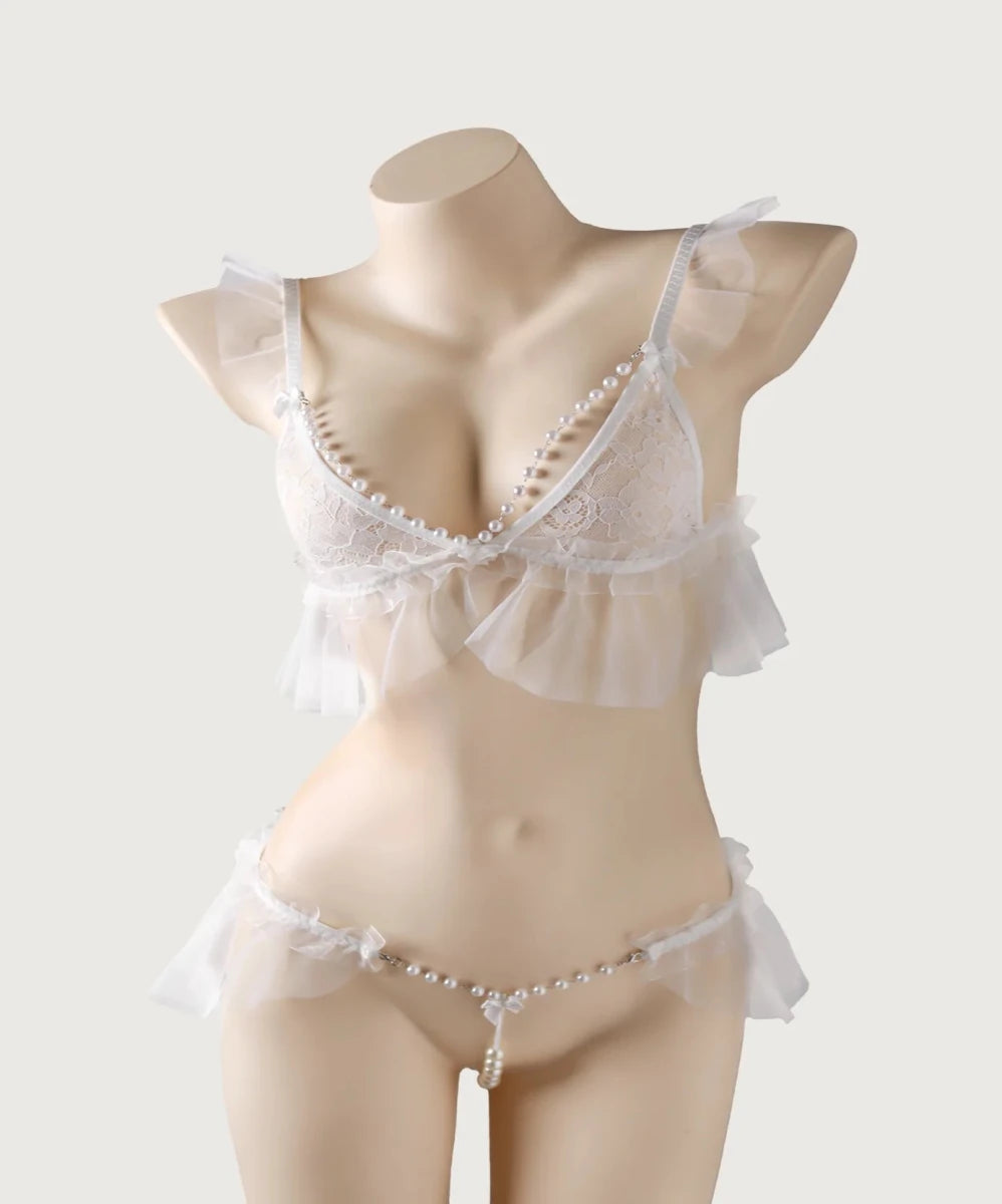 Flirtatious Pearl Lace Lingerie Set - Jissbon