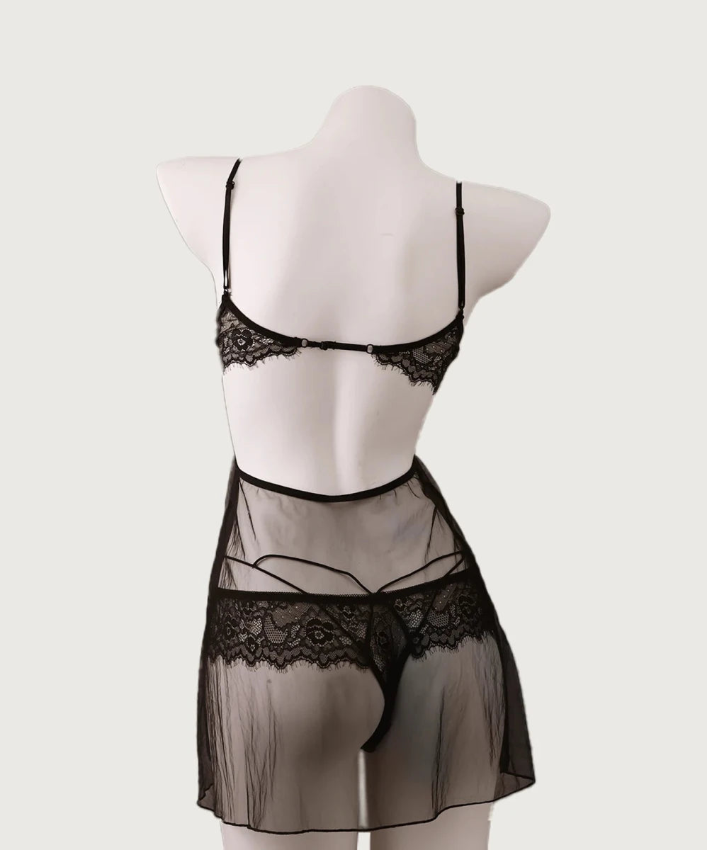 Front - Clasp Lace Mesh Nightdress Set - Jissbon
